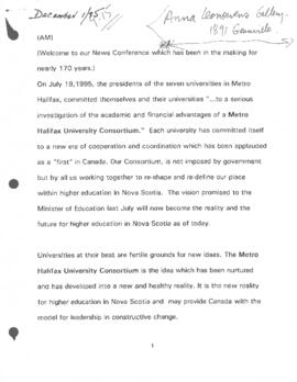 Draft of a speech about the Metro Halifax University Consortium