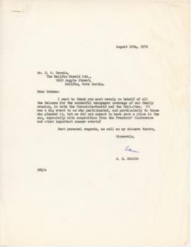 Letter from Samuel Balcom to Graham (G.W. Dennis) thanking him for the Chronicle-Herald and the M...