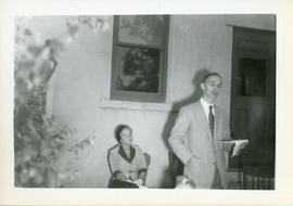 Photograph of Dr. Kirkconnell of Acadia University making an address at the unveiling of the Mars...