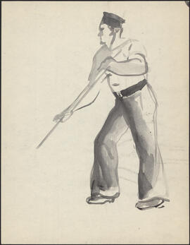 Watercolour by Donald Cameron Mackay of a sailor mopping the deck of a ship