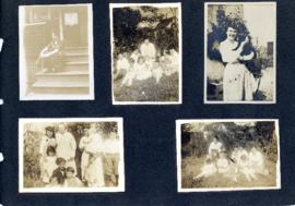 Scrapbook page with photographs of a family and children, a woman and her cat, and a group of boy...