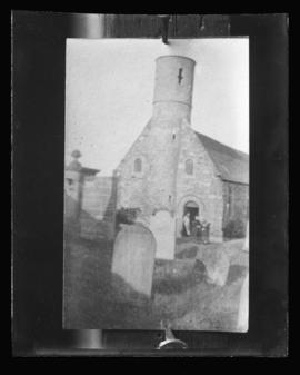 Photograph of a church tower and cemetery taken for Mrs. A.C. Bell