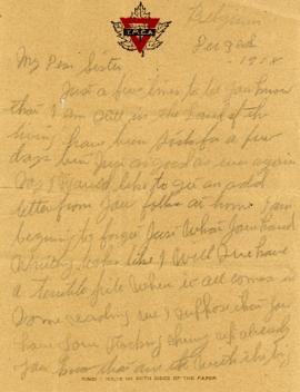 Letter from Weldon Morash to his sister Gertrude dated 3 December 1918
