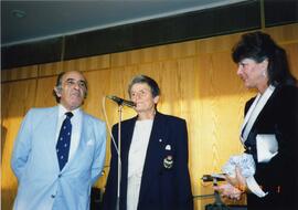 Photograph of Professor Anatoli Kolodkin, Elisabeth Mann Borgese, and Mrs. Busha
