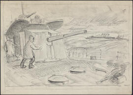 Charcoal and pencil drawing by Donald Cameron Mackay of sailors operating a deck gun in convoy fo...