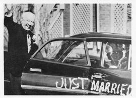 Photograph of Henry Hicks and Gene Morison leaving their wedding