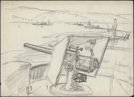 Charcoal and pencil sketch by Donald Cameron Mackay of turret battery munitions