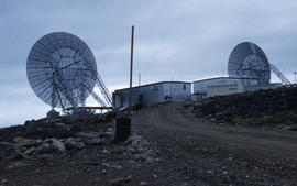 Photograph of transmission dishes in Frobisher Bay, Northwest Territories