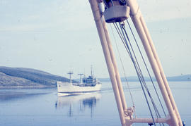 Photograph of a large ship in the narrows in Goose Bay, Newfoundland and Labrador