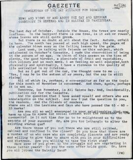 Gaezette : newsletter of the Gay Alliance for Equality, issue 4, 1984