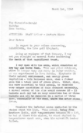 Letter from an anonymous writer to Barbara Hinds