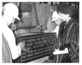 Photograph of Lady Dunn laying the cornerstone of the Sir James Dunn Science Building