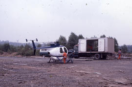 Photograph of an herbicide-spraying helicopter at Brier Island, Nova Scotia