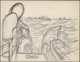 Charcoal and pencil sketch by Donald Cameron Mackay of the starboard side of a ship in convoy for...
