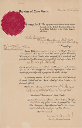 Proclamation of George V, appointment of F. Roy Davis to the post of Minister of Public Health [1...