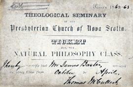 Ticket to a natural philosophy class at the theological seminary of the Presbyterian Church of No...