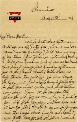Letter from Weldon Morash to his brother Lloyd dated 10 August 1918