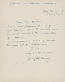 Letter from Josef Hofmann to Ellen Ballon