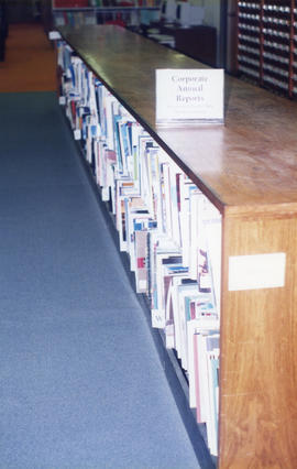 Photograph of the corporate annual reports collection shelved at the Killam Memorial Library, Dal...