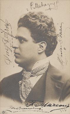 Postcard featuring Pietro Mascagni and signed by various musicians