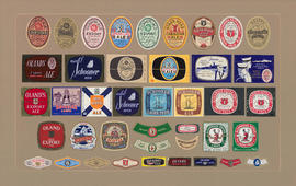 Composite of Keith and Olands beer labels mounted on board