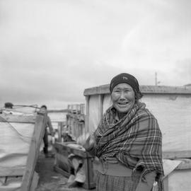 Photograph of Minnie Manna wearing a tartan shawl in Fort Chimo, Quebec