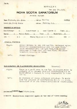 Medical Report from the Nova Scotia Sanatorium regarding Mr. John Bigelow