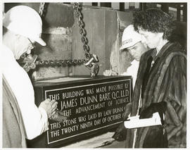 Photograph of Lady Dunn laying the Sir James Dunn Science Building cornerstone