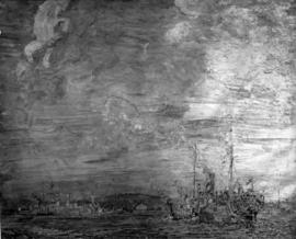 Photograph of a painting with a ship in harbour