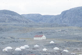 Photograph of a church and several tents in Cape Dorset, Northwest Territories