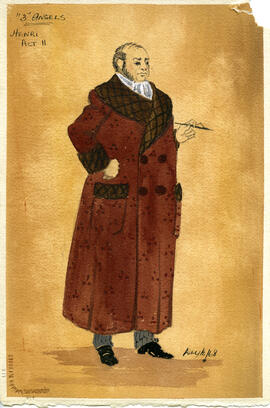 Watercolour costume design featuring an older man in a smoking jacket