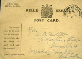 Field Service postcard sent by Captain Graham Roome to Annie Belle Hollett