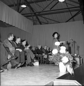 Photograph of the Queen Mother speaking at the opening of the Tupper Building