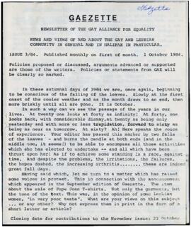 Gaezette : newsletter of the Gay Alliance for Equality, issue 3, 1984