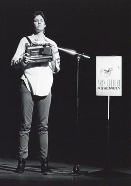 Photograph of Cathy Quinn performing at the 1985 Arts and Culture Assembly