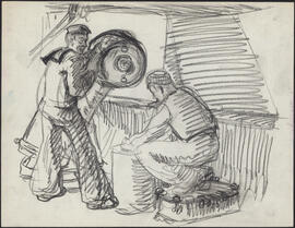 Charcoal and pencil drawing by Donald Cameron Mackay showing two sailors performing maintenance work