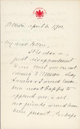Letter from Sir Wilfrid Laurier to Ellen Ballon
