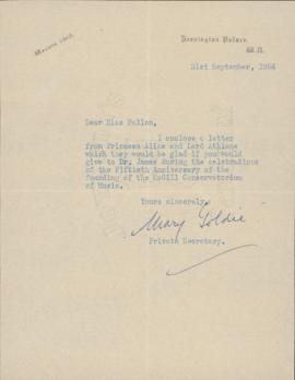 Letter from Mary Goldie, private secretary to Alice Mary, Princess of Albany, to Ellen Ballon