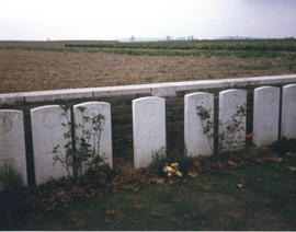 Photograph of Lieutenant Colonel T.H. Raddall, Sr.'s headstone in a row of headstones along a sto...