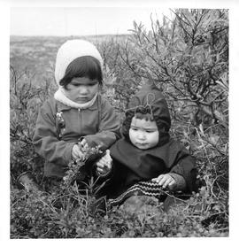 Photograph of two unidentified children sitting next to a bush
