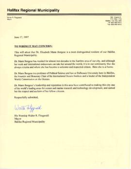 Correspondence between Elisabeth Mann Borgese and the Halifax Regional Municipality (HRM)