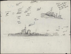 Charcoal and pencil drawing by Donald Cameron MacKay of the HMS Valiant and convoy formations