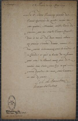 Letter from Louise Auguste de Bourbon, Duke of Maine, to M. LeCouturier asking that everything be...