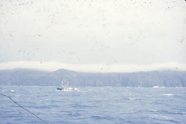 Photograph of a schooner in heavy weather off the coast of Newfoundland and Labrador