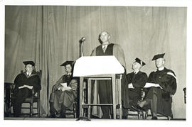 Photograph of Thomas Head Raddall giving a speech after receiving an Honorary Doctor of Laws degr...