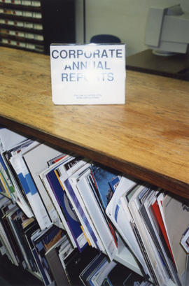 Photograph of the corporate annual reports collection held at the Killam Memorial Library, Dalhou...