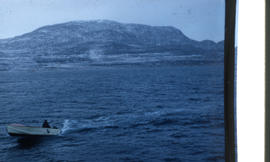 Photograph of a motorboat on the water near Cape Dorset, Northwest Territories