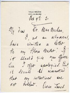 Correspondence from Owen Bell Jones to MacMechan, February 9, 1931