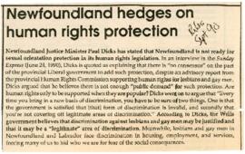 Newspaper clippings and published documents regarding gay rights in Newfoundland