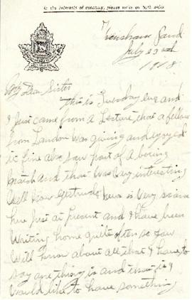 Letter from Weldon Morash to his sister Gertrude dated 23 July 1918